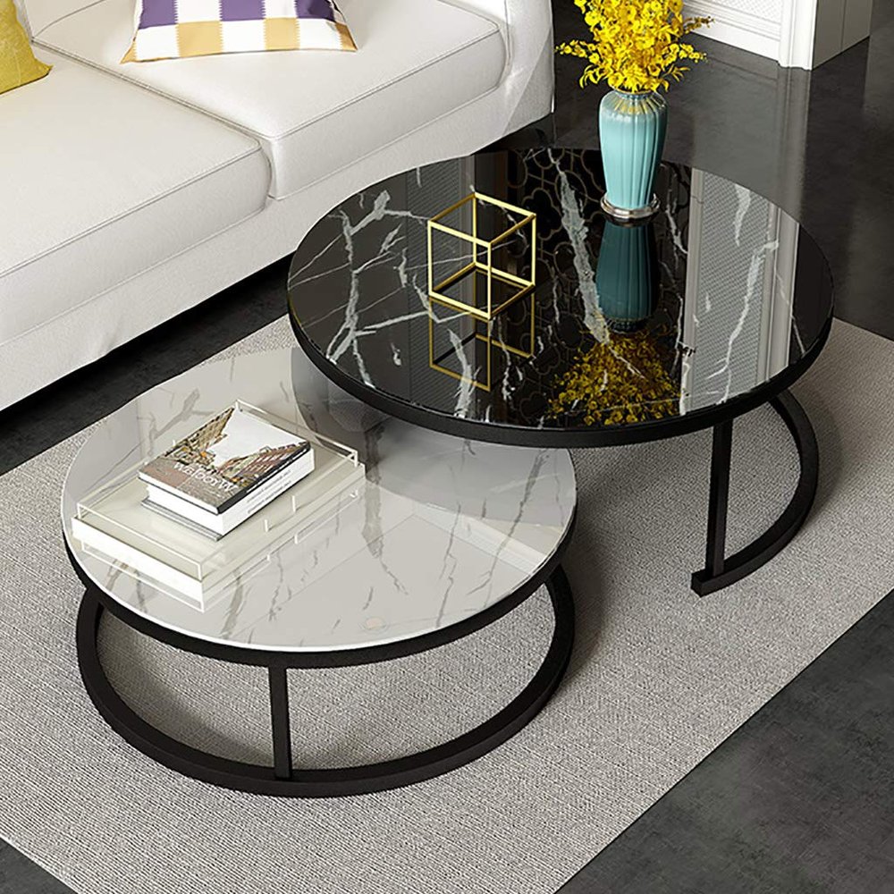 2-Piece Set of Stackable Round Coffee Tables with Marble-Pattern Glass and Metal