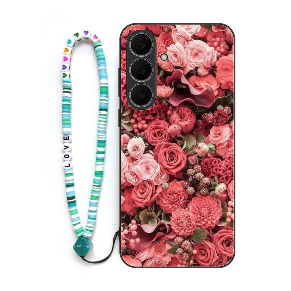 Sinyunron Case for Samsung Galaxy S25 FE 5G, 2-in-1 Hybrid TPU Case with Patterned Metal Back and Colorful Lanyard, Rose