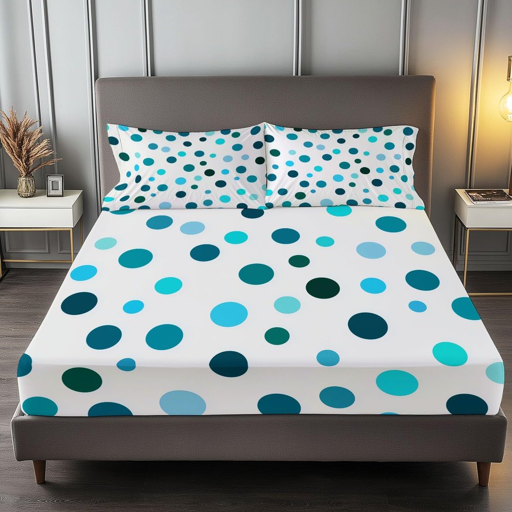 Fitted Sheet Set, White Print, Soft and Comfortable, Geometric Dots, 140 x 200 cm