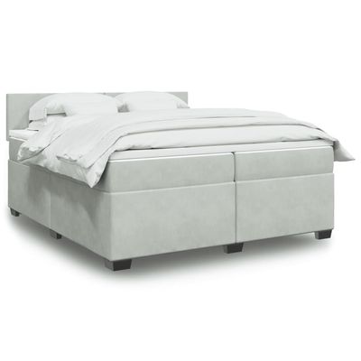 Massbinet Modern Upholstered Double Bed with Storage, Headboard, Wooden Slats and Mattress, Light Gray Velvet, 200 x 200 cm