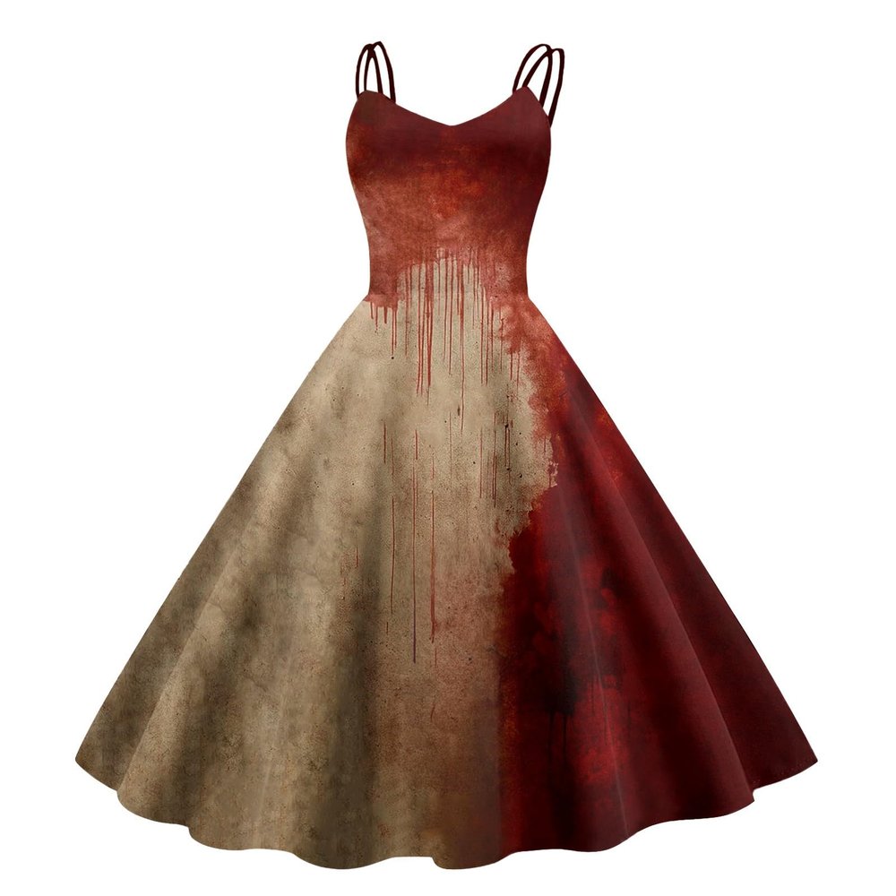 Women's Halloween Zombie Bride Costume Dress, Blood-Print A-Line Maxi Dress