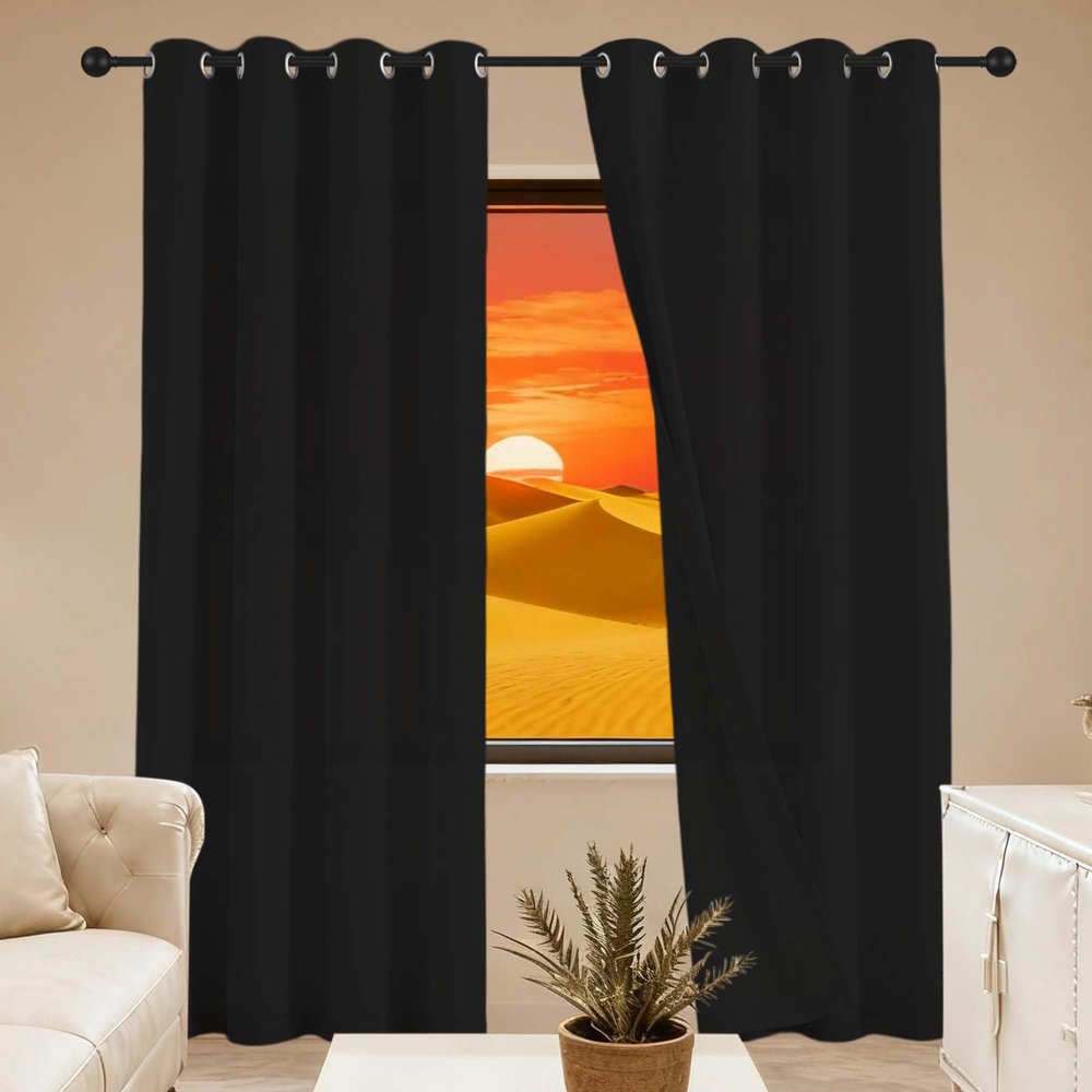 GOUBO Blackout Thermal Curtain with Grommets, 160 x 330 cm, Washable, Black