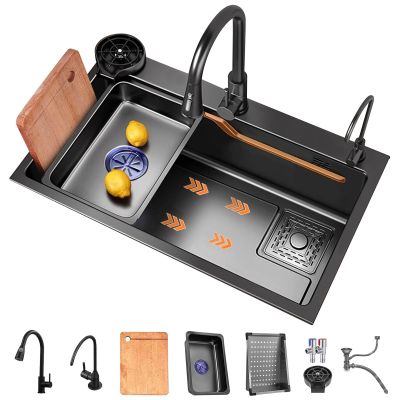 Premium Stainless Steel Kitchen Sink, 68 x 45 x 21 cm, Single Bowl Drop-In Workstation Sink with Sliding Accessories, Black Finish