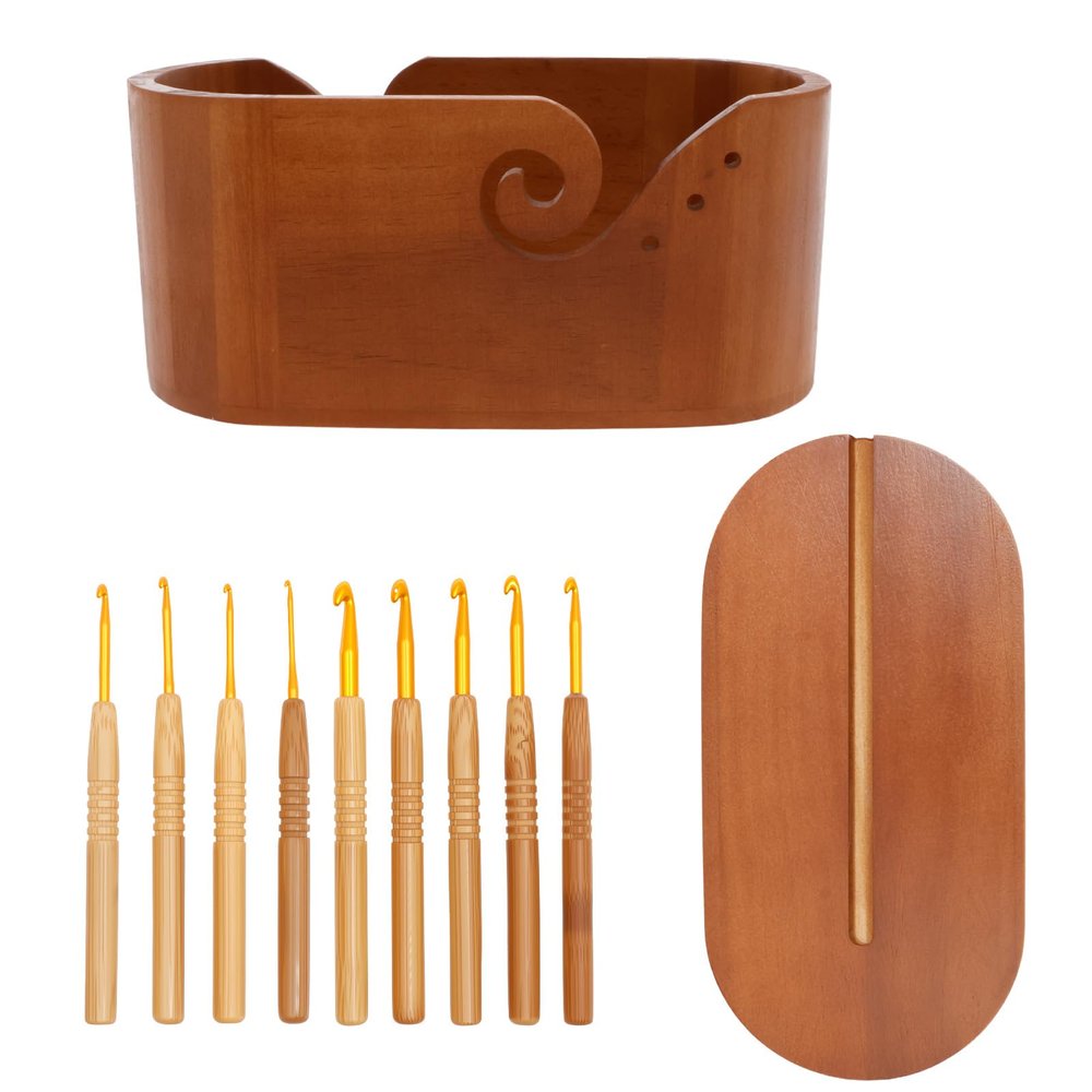 Eyoulife Wooden Yarn Bowl with Lid, 27 x 13.5 x 12 cm, 9 Crochet Hooks
