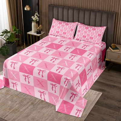 Homemissing Cute Bowknot Pink Plaid Bedspread 220 x 240 cm with Initial X
