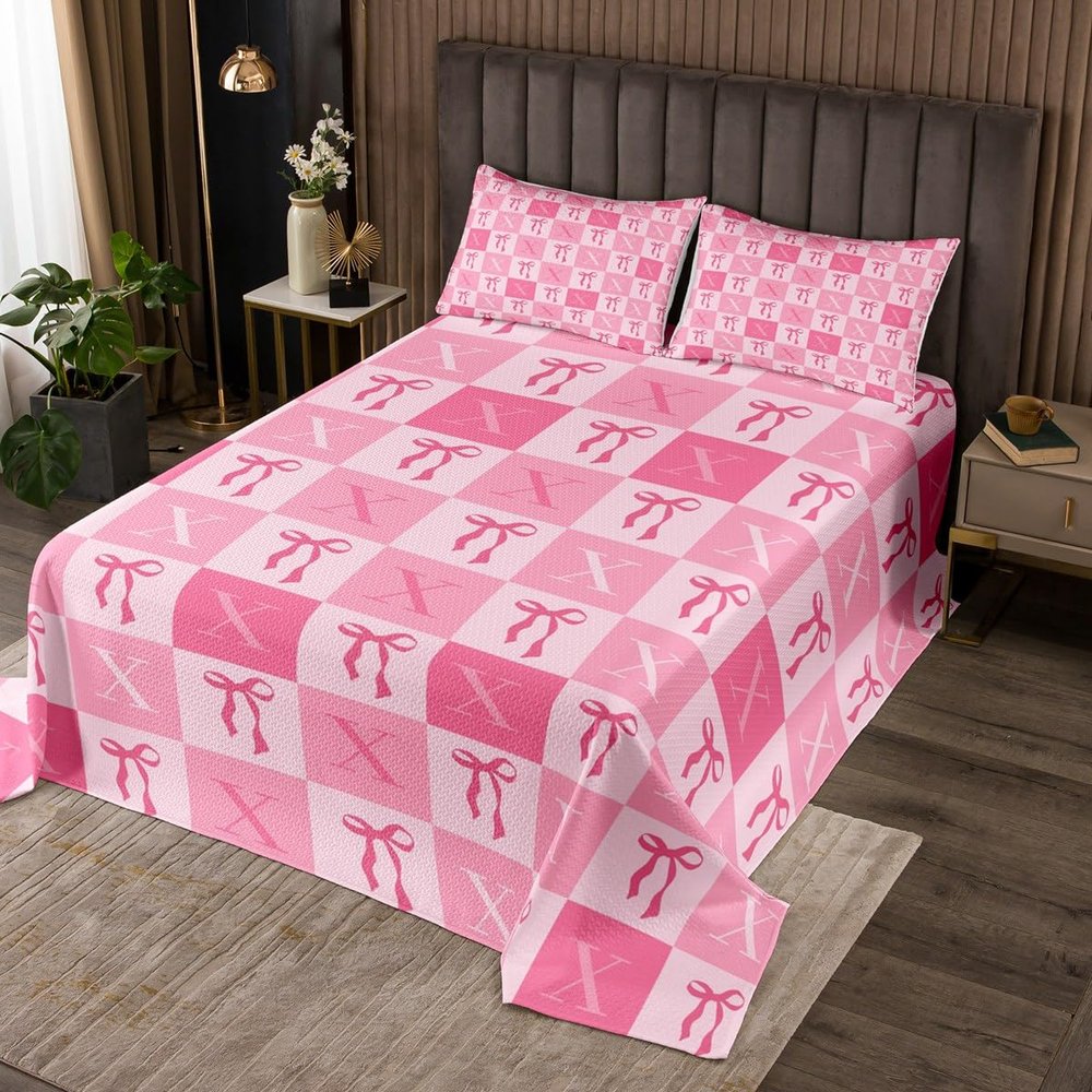 Homemissing Cute Bowknot Pink Plaid Bedspread 220 x 240 cm with Initial X