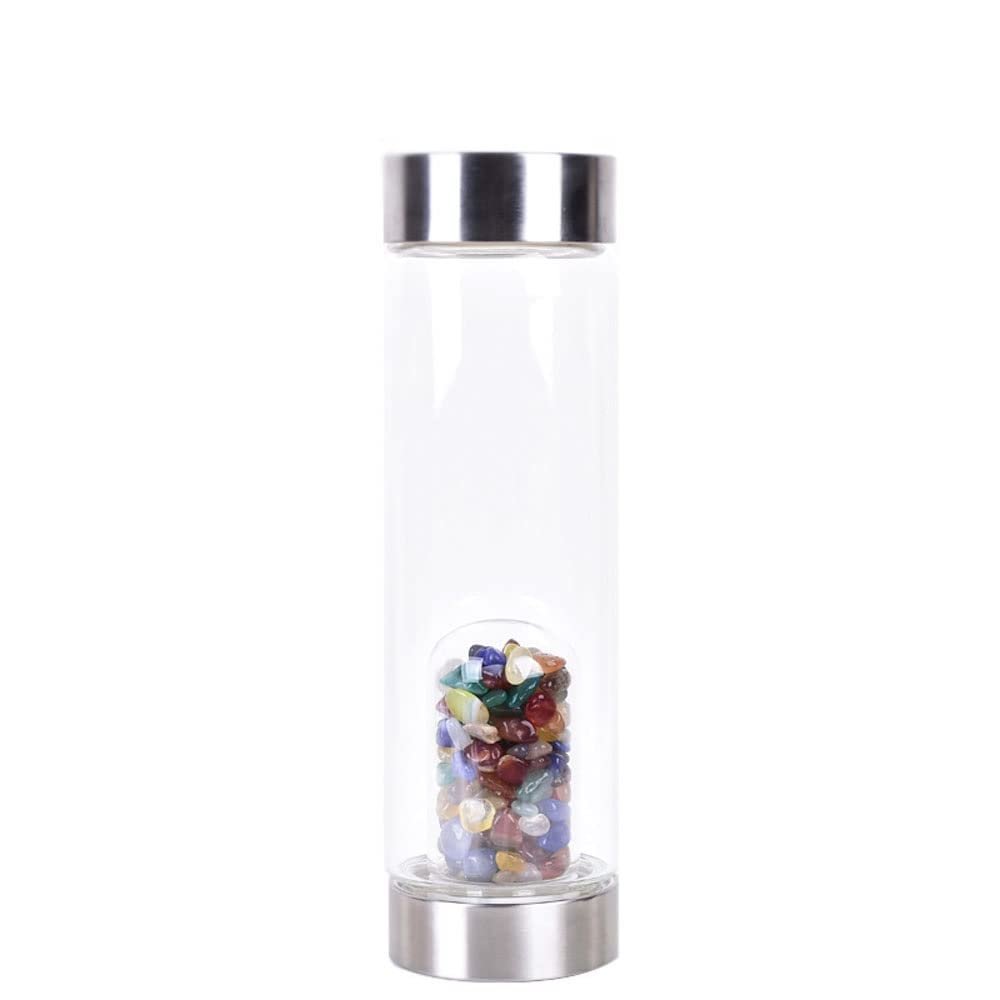 Natural Crystal Water Bottle with Quartz Obelisk Wand, Reusable Gemstone Glass Bottle, 550 ml