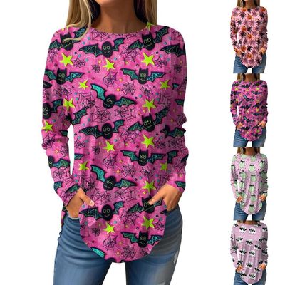 HUIFUAO Funny Halloween Shirt for Women, Scary Bat T-Shirt, Long-Sleeve Tunic, Crew Neck, Pink Z02 #3, M