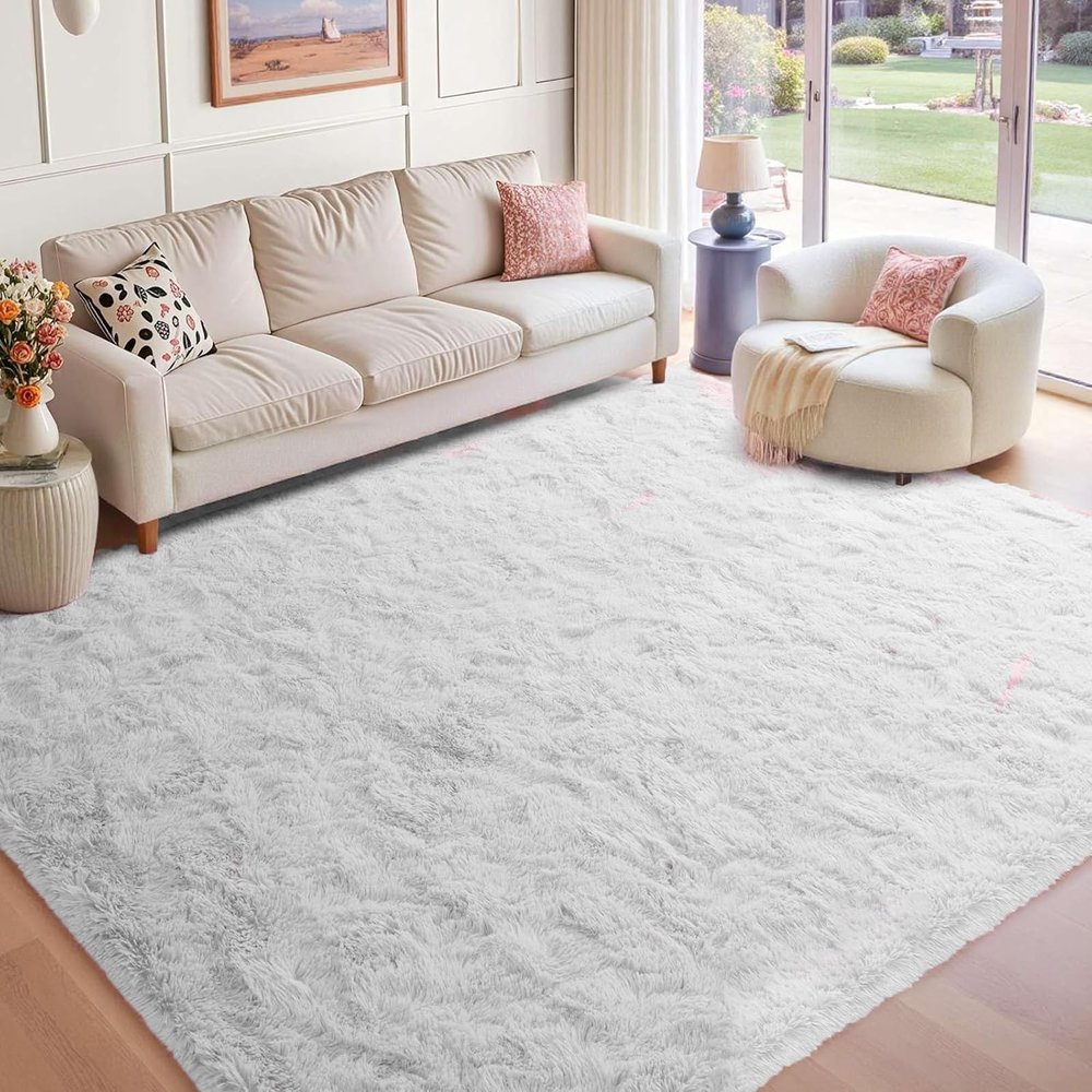 ZXIAOHUI High-Pile Rug 370 x 400 cm, Rectangular, White, Washable, Suitable for Underfloor Heating