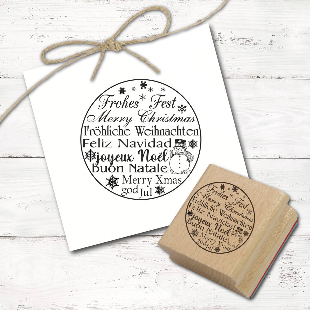 Dekolando Christmas Wood Stamp “Happy Holidays” and “Merry Christmas” in Various Languages, 68 mm
