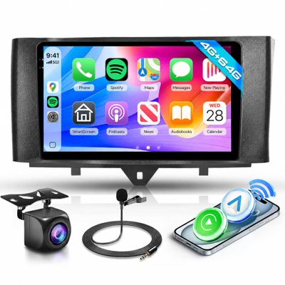 Hodozzy 4GB+64GB Android Car Stereo for Mercedes-Benz Smart Fortwo W451 2011-2015, 9-Inch In-Cell Touchscreen, GPS, Wireless CarPlay, Android Auto, Bluetooth, DSP, Wi-Fi, FM/RDS, Backup Camera