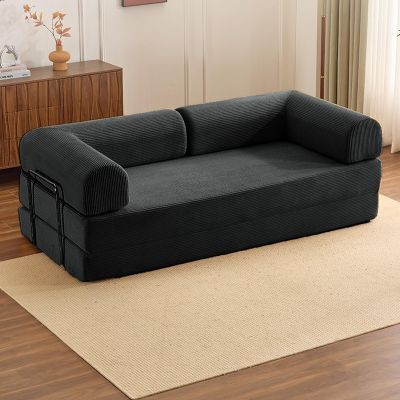 WENMEE Convertible Sofa Bed, 87-Inch Floor Sofa, Modular Futon Couch with Cylindrical Pillow, for Living Room, Bedroom, Lounge (Black, 180 x 100 x 70 cm)