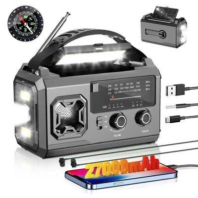 27,000mAh Emergency Crank Radio with FM/AM, Bluetooth, Solar Charging, SOS Alarm, Flashlight and Compass