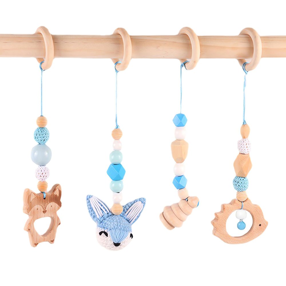 Whcctl 4-Piece Wooden Baby Play Gym Toys, Hanging Baby Toys, Blue