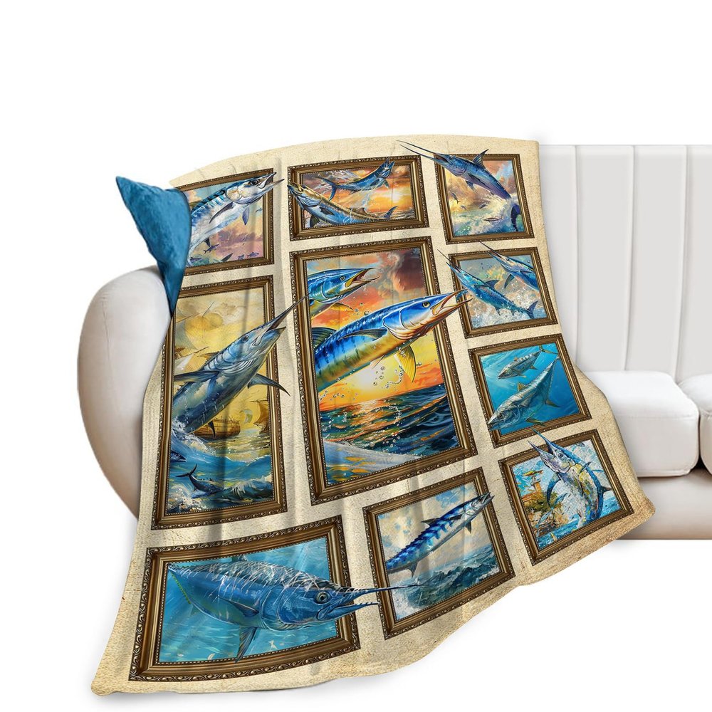 Flannel Fleece Fishing Blanket, Fish Design, Plush Throw