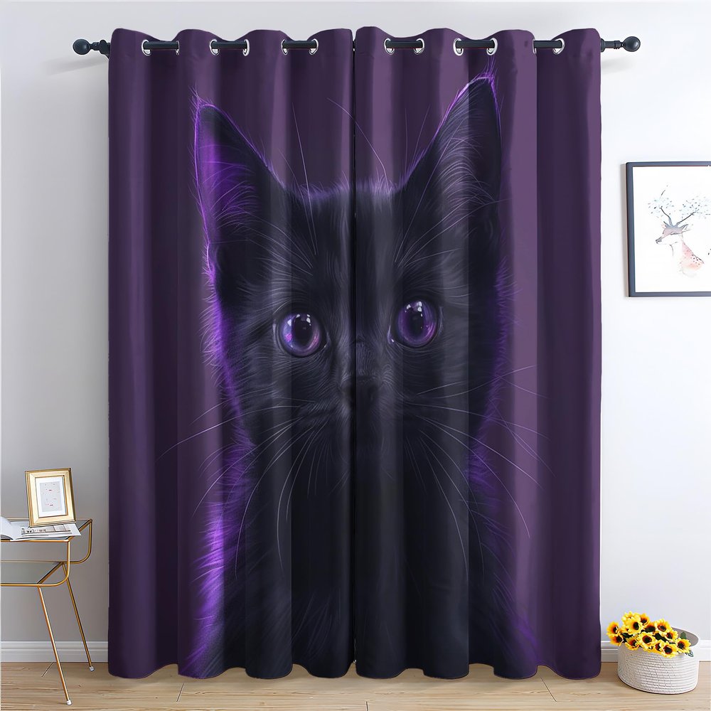 Purple and Black Kawaii Cat Blackout Curtains, 2-Piece Set, 260 x 140 cm