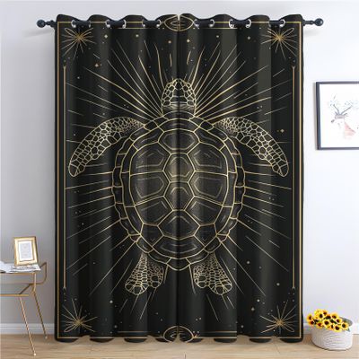 Sea Turtle Black and Gold Gothic Celestial Blackout Curtains with Grommets, 2-Pack, 220 x 140 cm