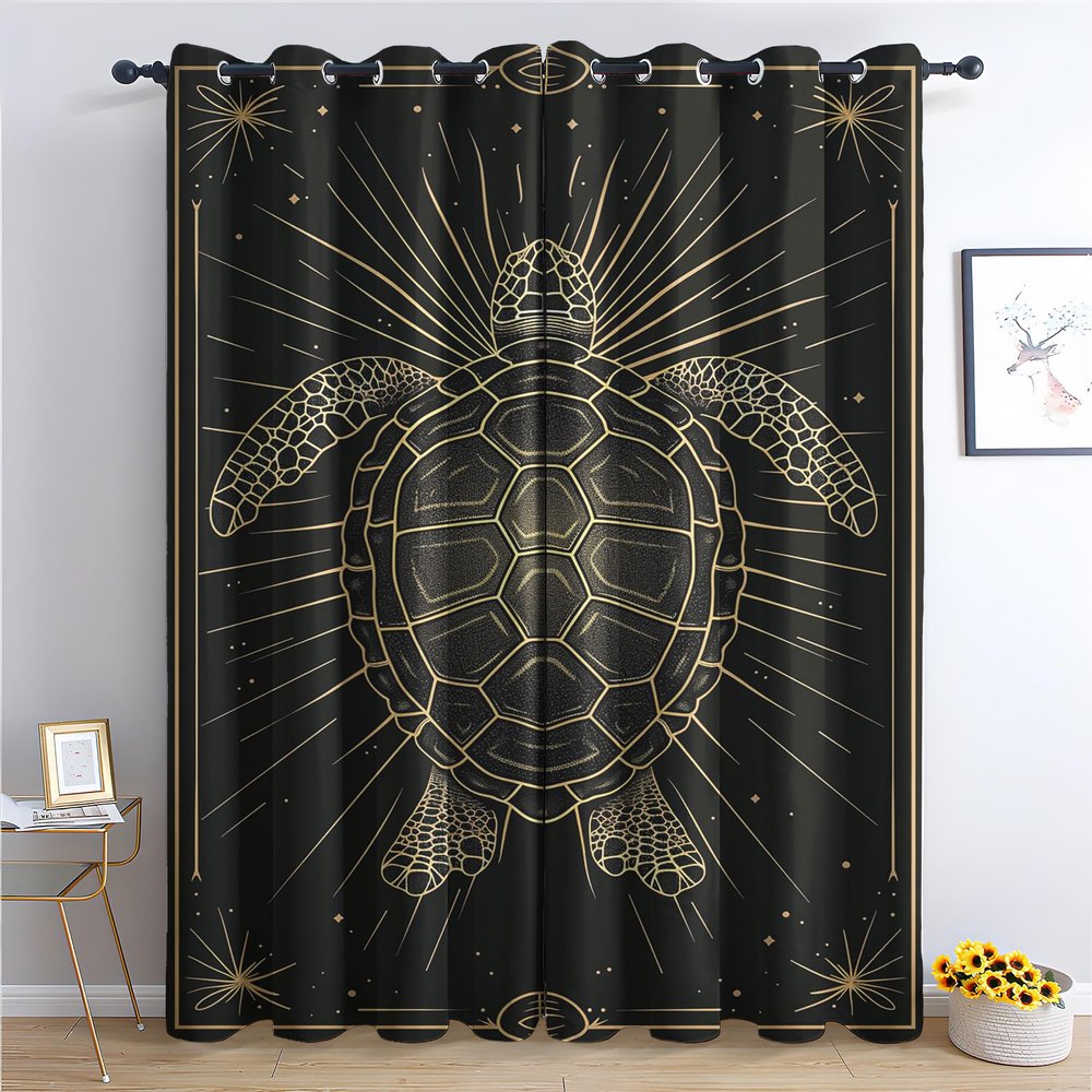Sea Turtle Black and Gold Gothic Celestial Blackout Curtains with Grommets, 2-Pack, 220 x 140 cm