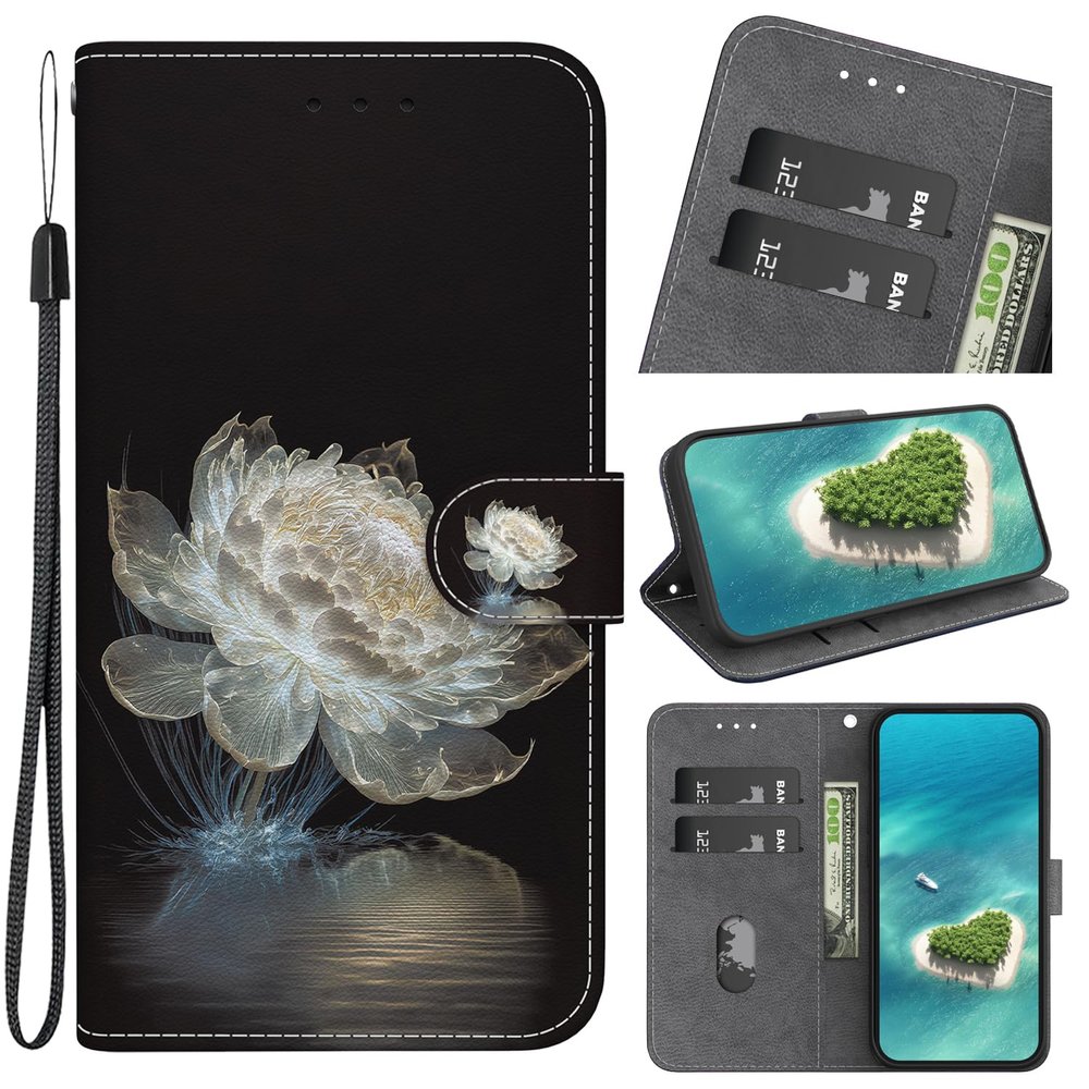 Huawei P40 Lite Flip Case, Premium PU Leather, Magnetic Closure, Stand, Card Slots, Bright White Flowers