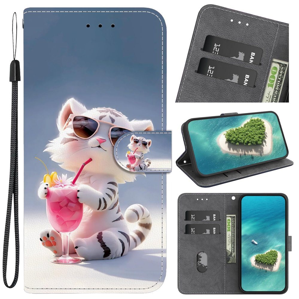 PU Leather Flip Case for Huawei P40 Lite with Wallet and Magnetic Closure, The Little Tiger Drinks Lemonade