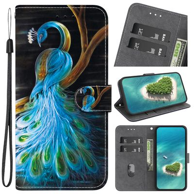 Huawei P20 Flip Case, PU Leather Wallet Cover with Peacock Painting