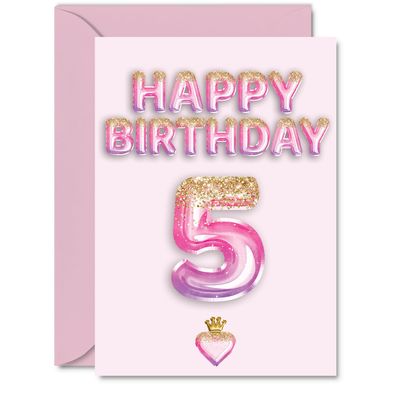 5th Birthday Card for Boys and Girls with Pink and Purple Glitter Balloons, A5