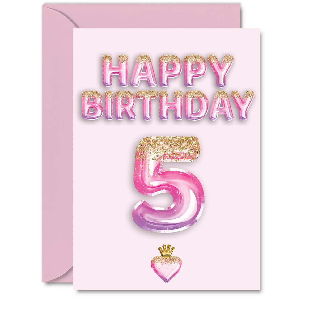 5th Birthday Card for Boys and Girls with Pink and Purple Glitter Balloons, A5