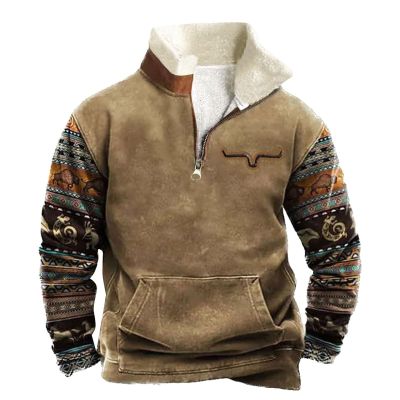 Men's Vintage Fleece Pullover with Stand Collar, Norwegian-Style Winter Sweatshirt