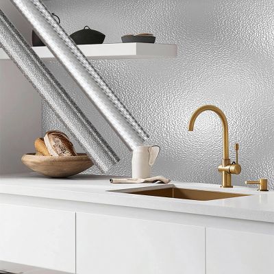 80 cm (31.49 in) Peel-and-Stick Stove Backsplash Protector, Stainless Steel Oil-Resistant Sticker, Waterproof, Silver 3D Squares (200 cm)