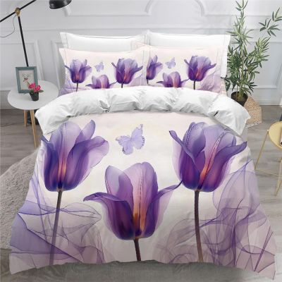 Generic Tulip & Butterfly Duvet Cover Set 220 x 240 cm, Purple Floral 3D Microfiber, 3-Piece, with Zipper and 2 Pillowcases 80 x 80 cm, R139