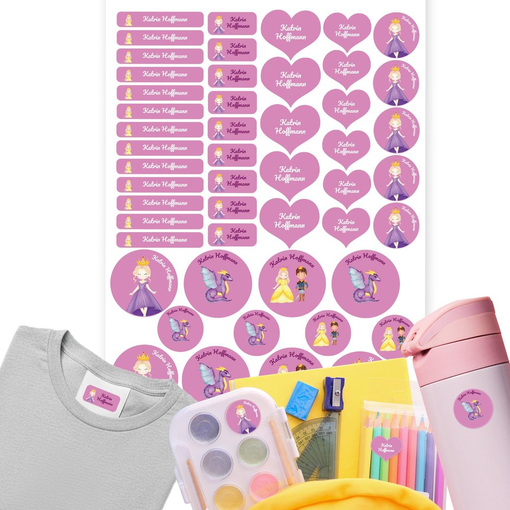 Kids' Name Stickers for School & Daycare, 50-Pack, Personalized, Dishwasher-Safe, Princess & Dragon Mix