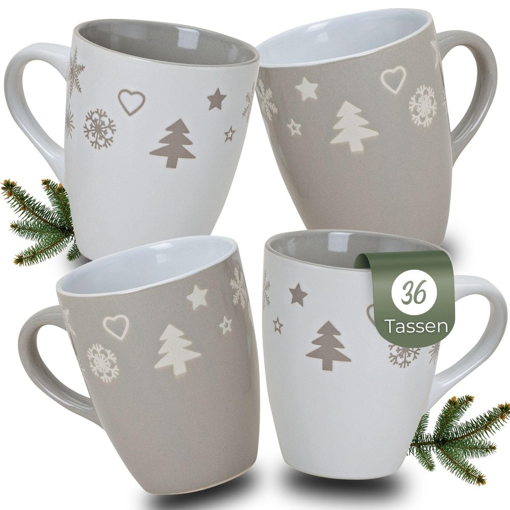 Christmas Mugs, 36-Piece Carton – 300 ml Gray and White Christmas Coffee Mugs