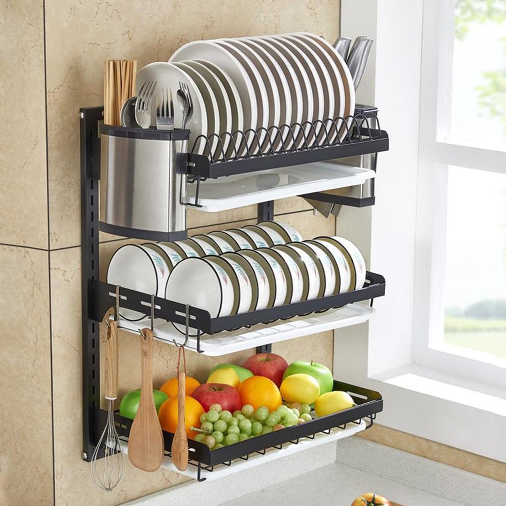 CAFIEDR 3-Tier Dish Drying Rack Set, Black