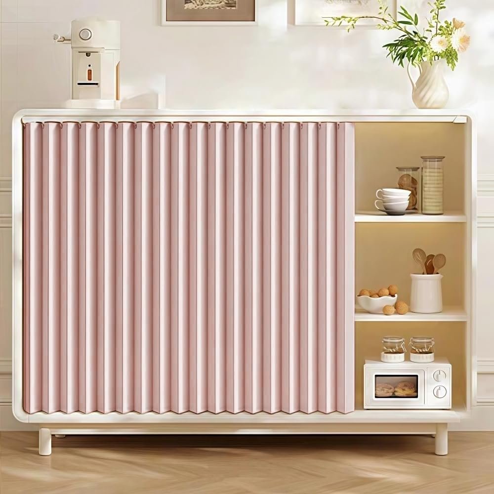 Custom-Made Foldable Cabinet Curtain with Sliding Rails for Wardrobes, Bookshelves and Storage Cabinets, Pink, W140 x H50 cm