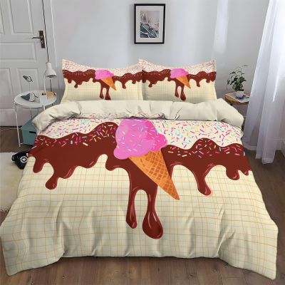 Generic Bedding Set 240 x 220 cm for Teen Girls, Iron-Free Cooling Duvet Cover Set, Grid Ice Cream Chocolate Sprinkles, Light Yellow