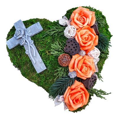 30 cm Grave Heart with Cross, Moss and Artificial Orange Roses