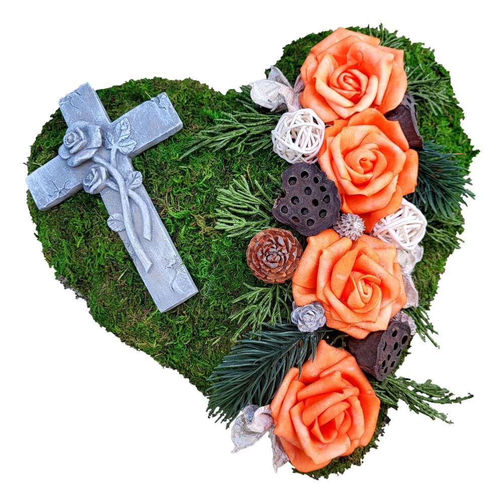 30 cm Grave Heart with Cross, Moss and Artificial Orange Roses