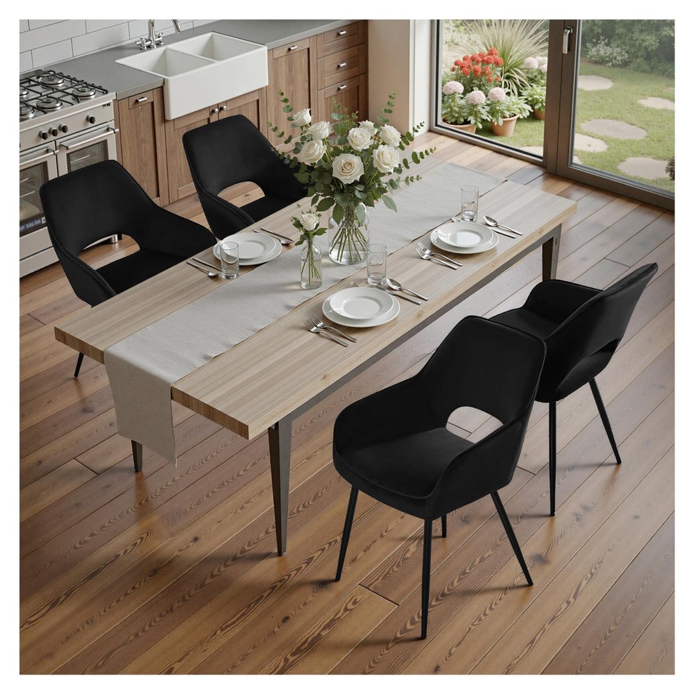 STOOLINK Set of 4 Modern Velvet Dining Chairs with Arms, Black
