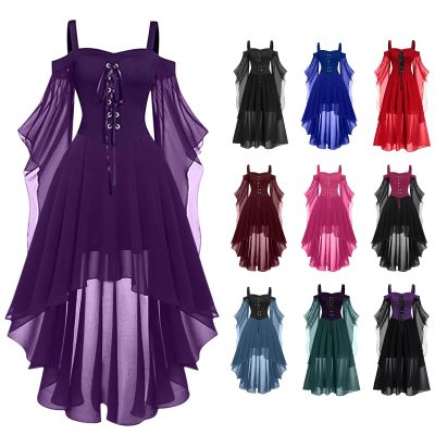 Women's Gothic Medieval Witch Costume Dress with Corset, Black