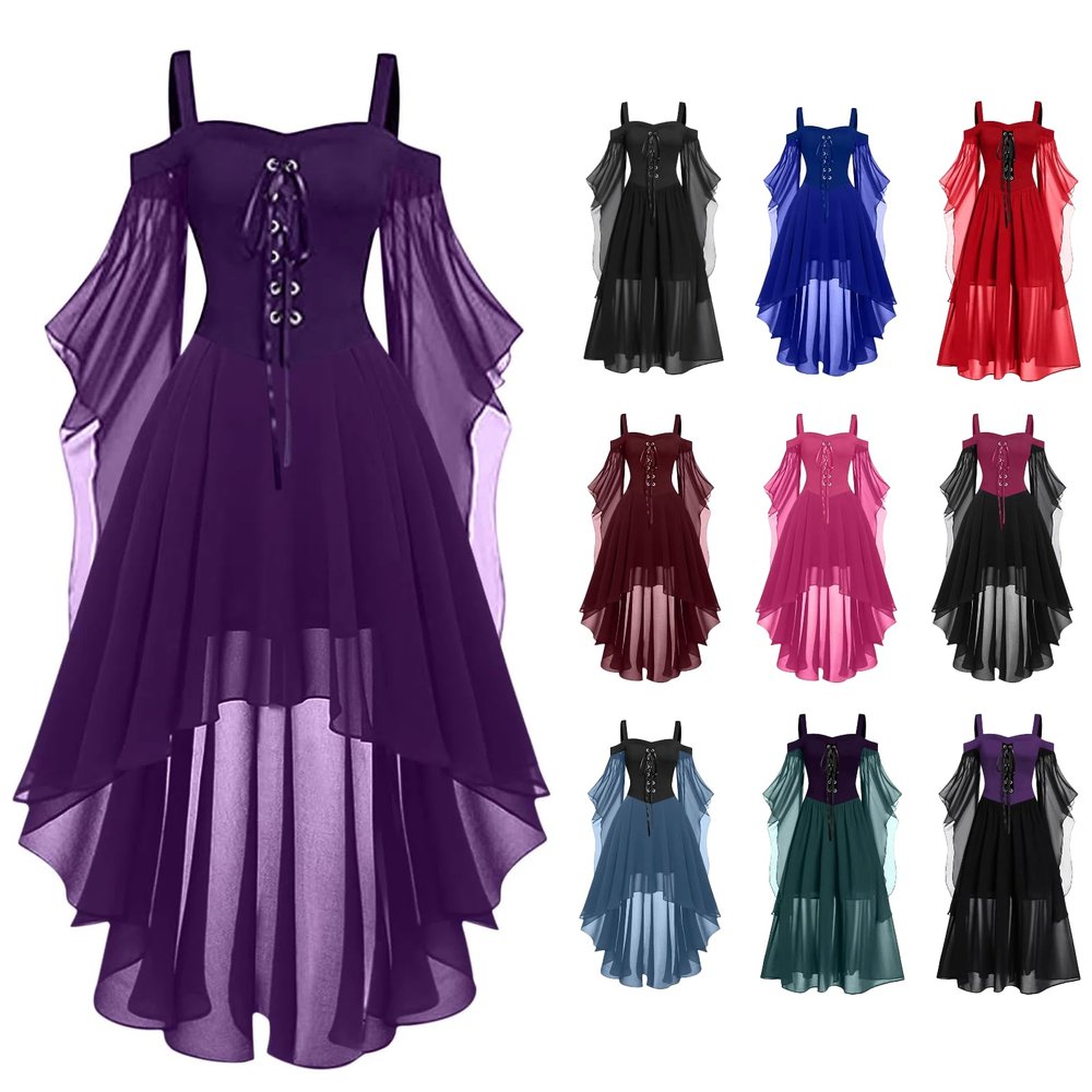 Women's Gothic Medieval Witch Costume Dress with Corset, Black