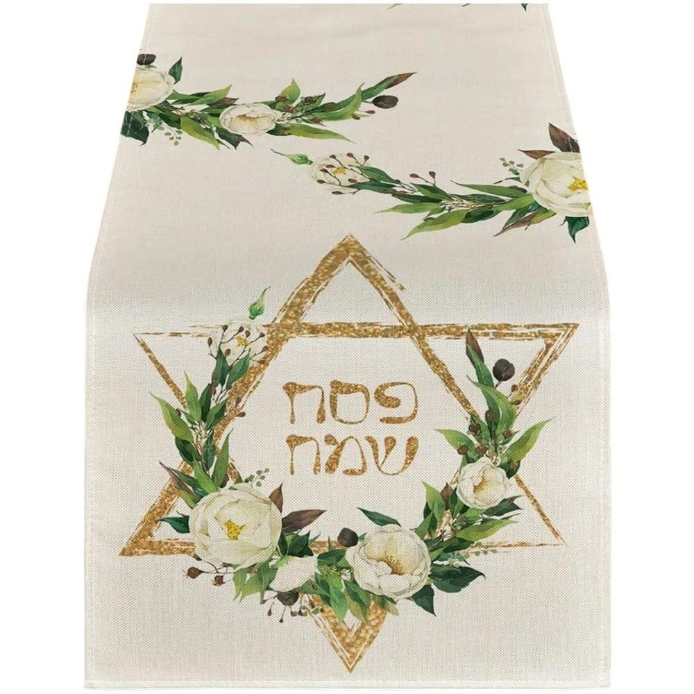 Lpitoy Happy Passover Table Runner, Petite Pesach Star of David Jewish Festival Rustic Floral Decor