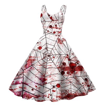 Women's Halloween Costume Bloody Dress with Blood-Splatter Print, Sleeveless Zombie Bride Dress for Horror Parties, Gothic Cosplay Carnival Dress with Spaghetti Straps (A01-Watermelon Red, XXL)