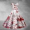 Women's Halloween Costume Bloody Dress with Blood-Splatter Print, Sleeveless Zombie Bride Dress for Horror Parties, Gothic Cosplay Carnival Dress with Spaghetti Straps (A01-Watermelon Red, XXL) view 2