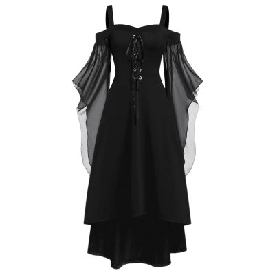 Women's Gothic Witch Dress, Halloween Medieval Costume with Trumpet Sleeves