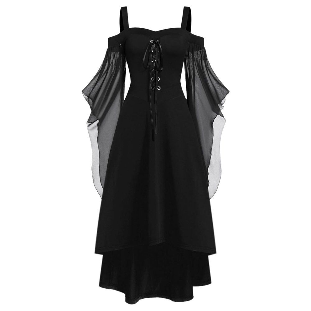 Women's Gothic Witch Dress, Halloween Medieval Costume with Trumpet Sleeves