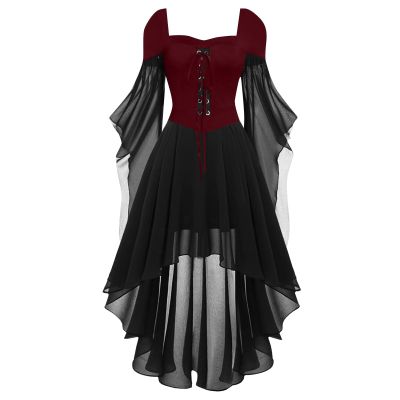 Women's Gothic Witch Costume Dress, Medieval Maxi Dress with Trumpet Sleeves