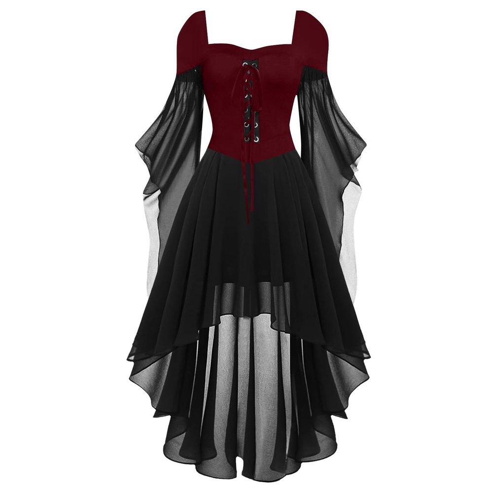 Women's Gothic Witch Costume Dress, Medieval Maxi Dress with Trumpet Sleeves