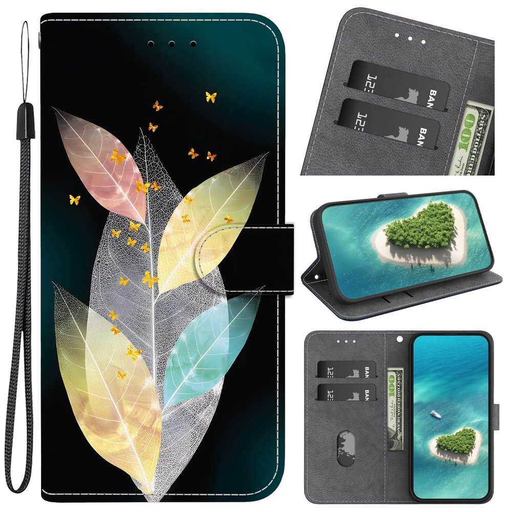 YKTO Wallet Flip Case for Motorola Moto E40, PU Leather, Multicolor Fluorescent Leaves