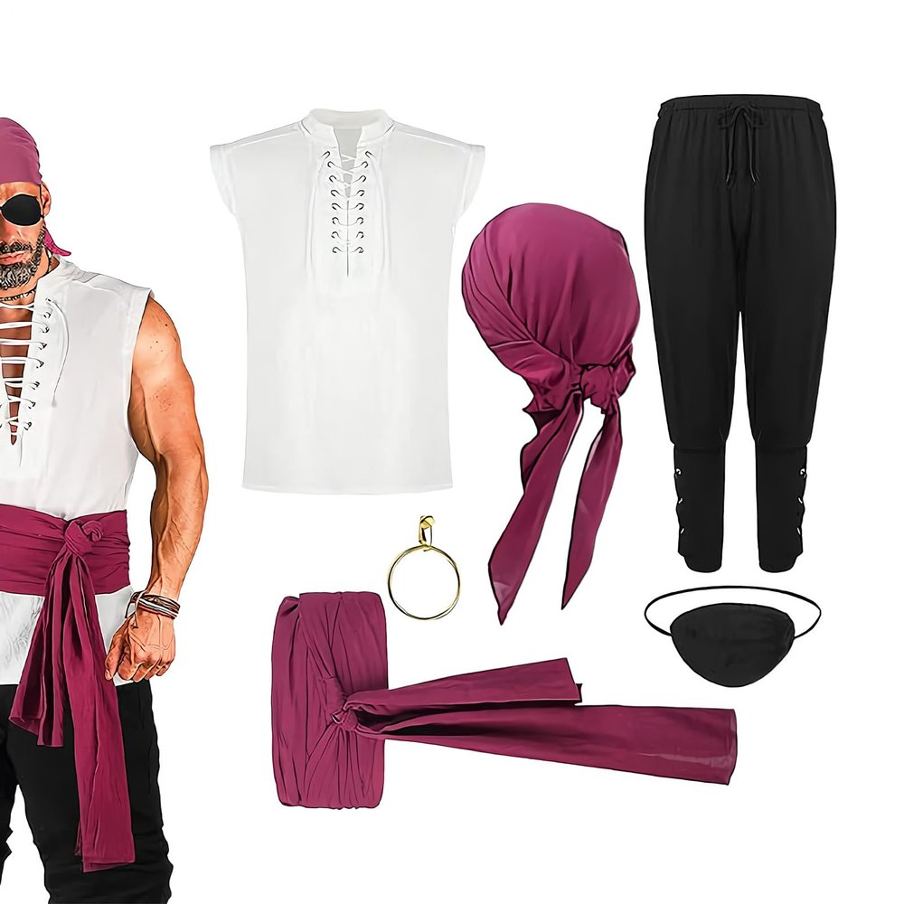 Men's Pirate Outfit with Bandana, Belt, Eye Patch, Earring, Shirt and Pants