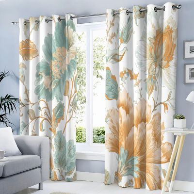 MULERN Curtains with 3D Elegant Floral Print for Children and Adults, Blue-Orange Rococo Blackout Curtains with Grommets, Living Room Bedroom Decor, H245 x W140 cm, Set of 2